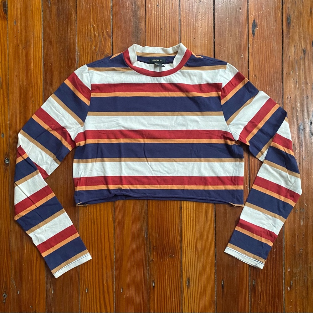 Hand cropped striped mock neck pullover top